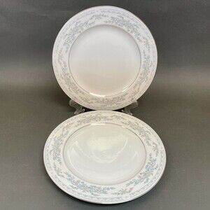 Somerset by NL Excel Dinner Plates White Blue Floral Platinum Trim Lot of 2